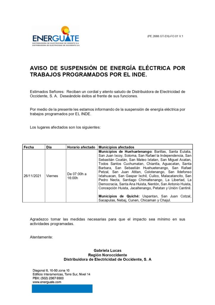 Aviso de suspensión de energía eléctrica en nuestro Municipio Todos Santos Cuchumatán.